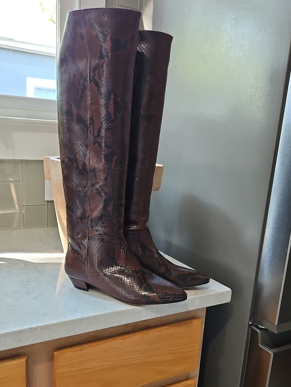 Sigerson Morrison Women’s Tall Snake-Embossed Leather Boots in Dark Brown